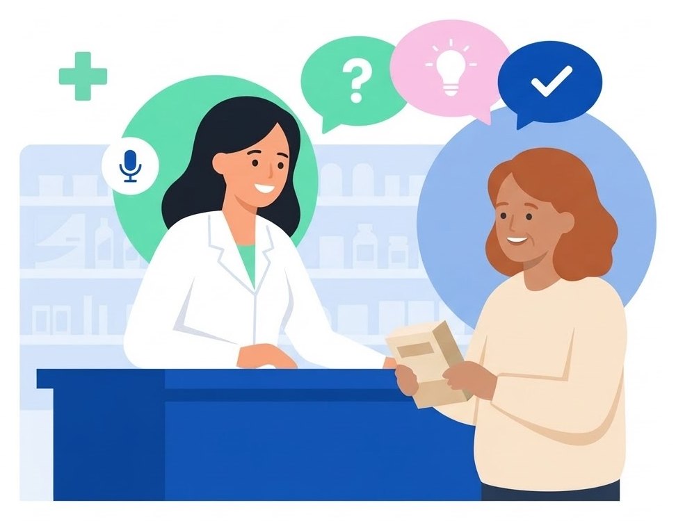 Une pharmacienne propose un entretien à une patiente au comptoir