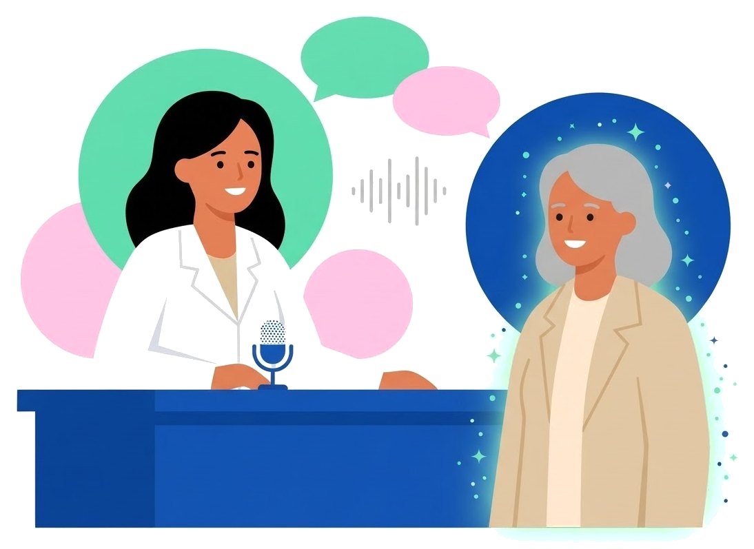 Un pharmacien au comptoir parle au micro à un patient simulé qui lui répond